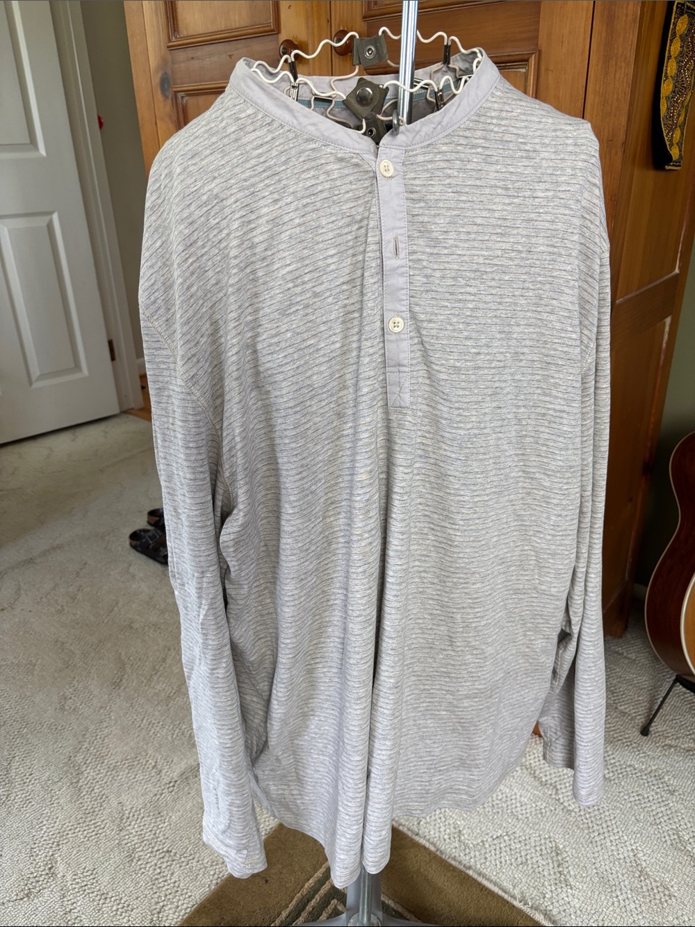 Men's Long-Sleeve Henley Shirt - Gray and Brown Striped.